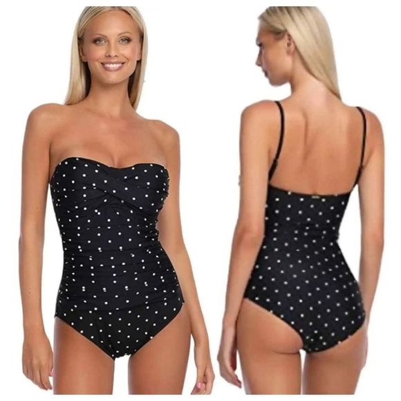 Relleciga Tummy Control Ruched Swimwear Polkadot Black Large - Picture 1 of 12